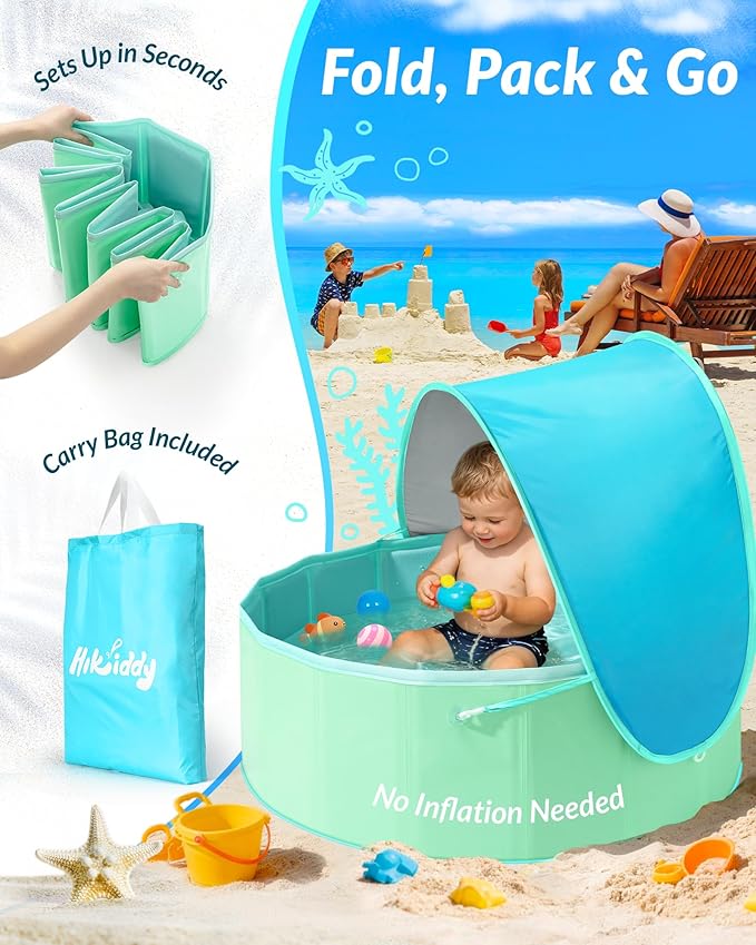 Hikiddy Foldable Kiddie Pool with Canopy: 31.5in/ 47in /63in for Baby Toddler Kids Family - Summer Water Play Pool with Shade - Portable for Outdoor Backyard Beach (Blue & Mint, 31.5in)