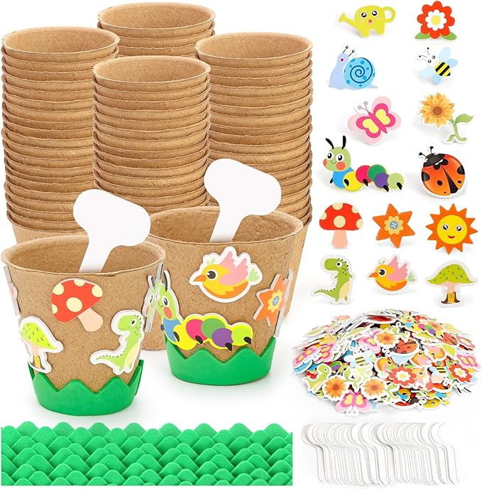 Ayfjovs 80 Pack Garden Paper Pot Craft Kit, Spring Crafts for Kids Bulk-80 Pack Paper Peat Pots with 300PCS Adhesive Foam Stickers and 80pcs Labels for Kids Science, Garden Gift, Classroom Decoration