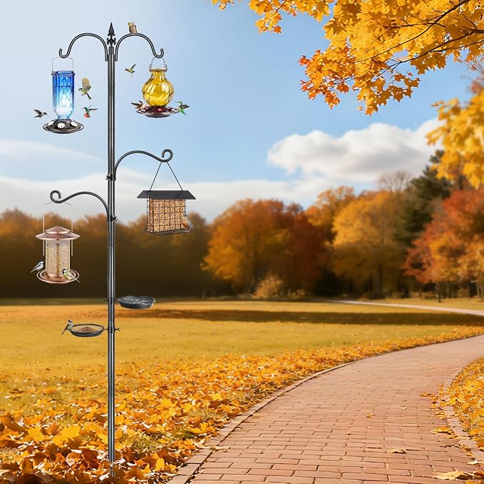 Bird Feeder Pole, 88 Inch Bird Feeding Station 4 Hook Heavy Duty Hummingbird Feeder Stand Hanger Shepherds Hook for Outdoors, with Birds Bath and Mesh Tray