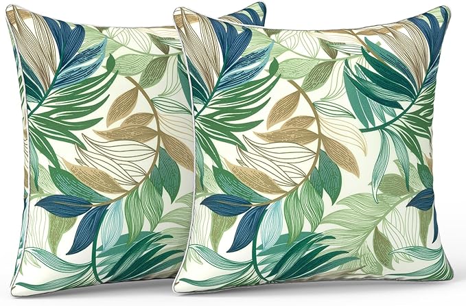 LVTXIII Outdoor Throw Pillows 20x20 Patio Waterproof Square Pillows with Piping Fade Resistant Accent Pillow for Spring Summer Garden Decoration, Set of 2, Lush Leaf Green