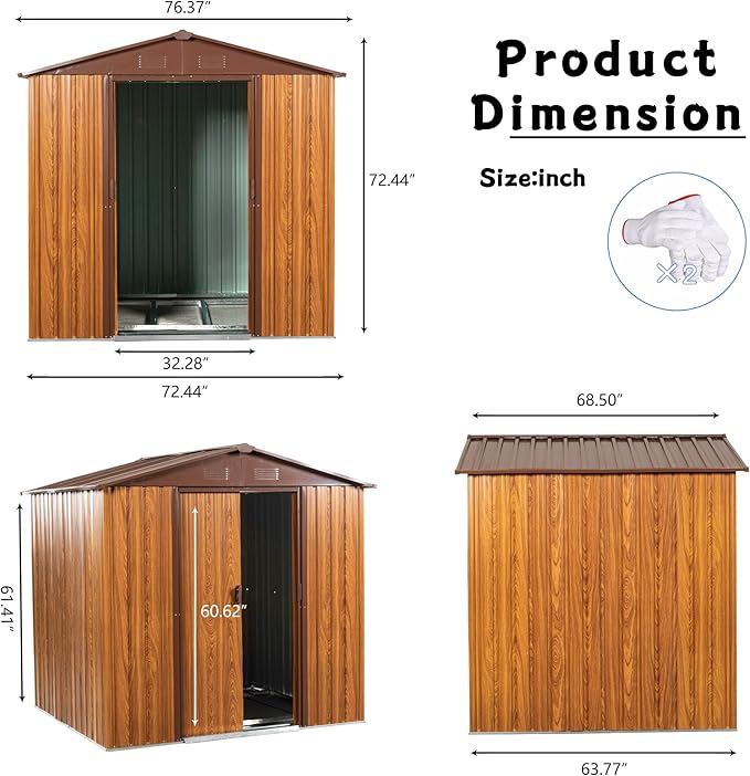 Outdoor Metal Storage Shed 6FT x 6FT, Galvanized Steel Frame Garden Shed, Sliding Lockable Doors, 4 Vent System, Weather-Resistant Metal Storage House with Foundation Kit,Shelf & Hooks, Yellow Brown