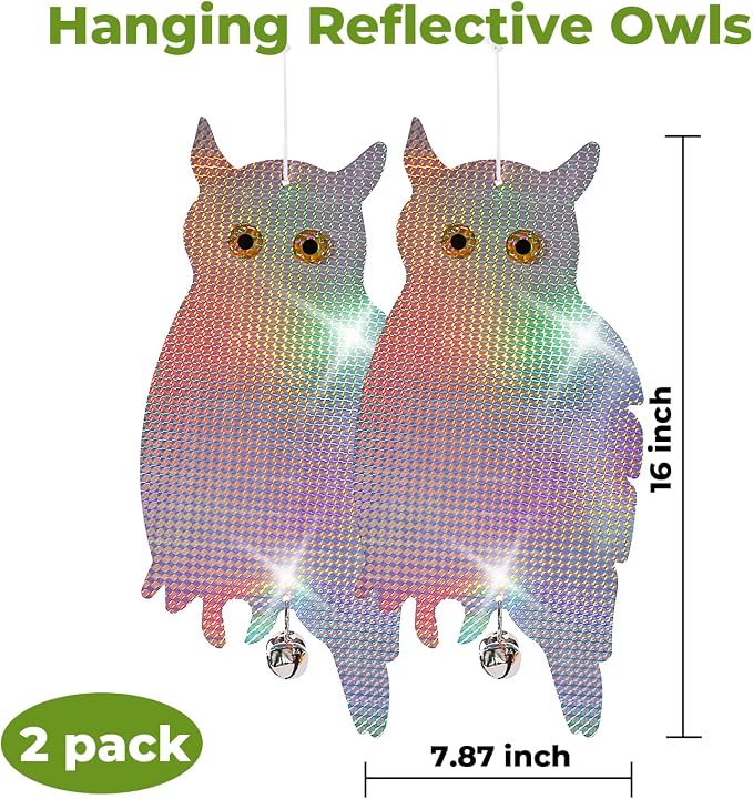Dyvicl Fake Owl Hanging Reflective Owl Woodpecker Bird Deterrent Control Device for House Windows Outdoor Garden Yard, 2 Pack