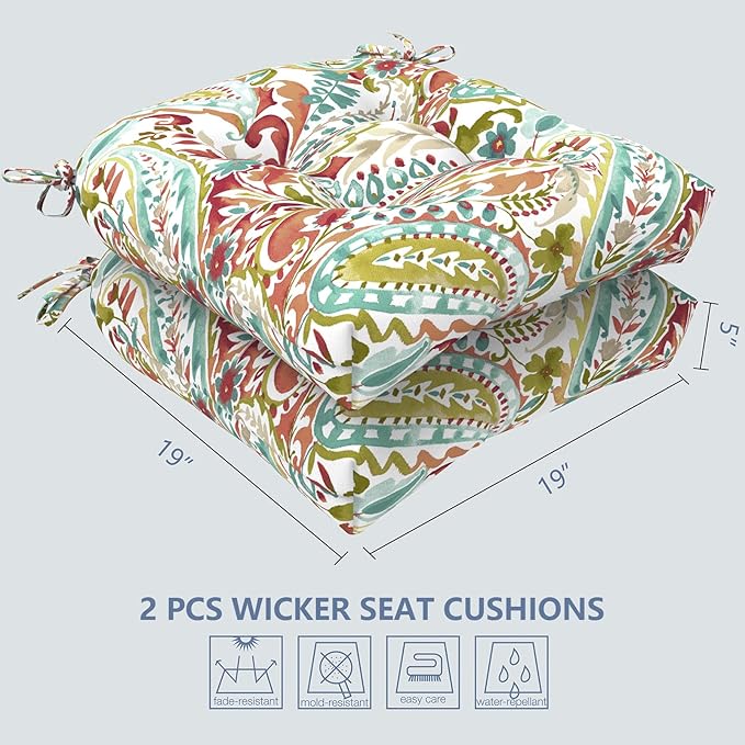LVTXIII Outdoor U-Shaped Wicker Seat Cushion, Decorative Tufted Chair Pads Round Back Seat Cushion Set for Patio Garden Home Office Furniture, 19”x19”x4”, 2 Pack, Pretty Paisley