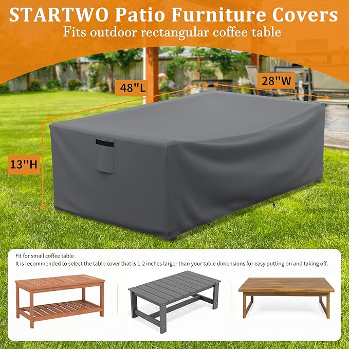 STARTWO Patio Coffee Table Cover Waterproof Patio Furniture Covers, Heavy Duty Durable Rectangular Outdoor Table Cover Fits up to 48L x 28Wx 13H inches, Grey
