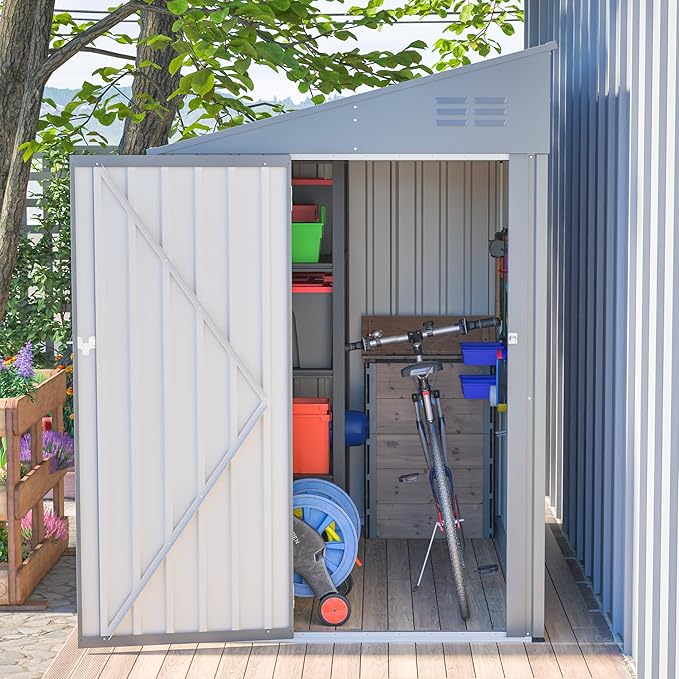 YOPTO 4x7 FT Outdoor Storage Shed,Lean to Lockable Metal Garden Shed Steel with Reinforced Beams,All Weather Waterproof Storage House W/Lockable Door&2 Air Vents,for Backyard,Patio,Lawn,Garden,Gray