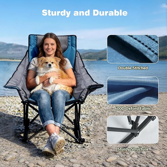 SUNNYFEEL Oversized Rocking Camping Chair 2 Pack, Fully Padded Patio Chair with Side Pocket, High Back Portable Lawn Recliner with Carry Bag, Outdoor Rocker Camp Chairs for Adults Heavy Duty 500 LBS