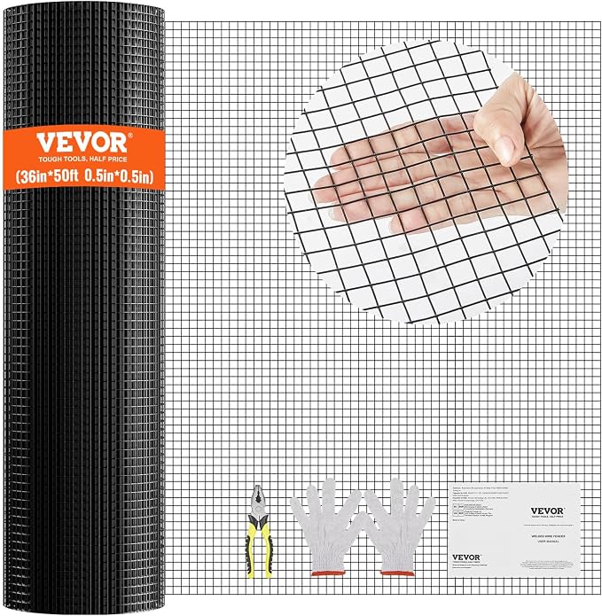 VEVOR Hardware Cloth, 36'' x 50' 1/2 inch Galvanized Wire Mesh Roll, 19 Gauge Chicken Wire Fencing Roll, Vinyl Coating Metal Wire Mesh for Chicken Coop Barrier, Rabbit Snake Fences, Poultry Enclosures