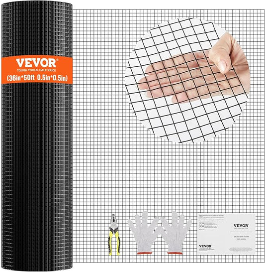 VEVOR Hardware Cloth, 36'' x 50' 1/2 inch Galvanized Wire Mesh Roll, 19 Gauge Chicken Wire Fencing Roll, Vinyl Coating Metal Wire Mesh for Chicken Coop Barrier, Rabbit Snake Fences, Poultry Enclosures