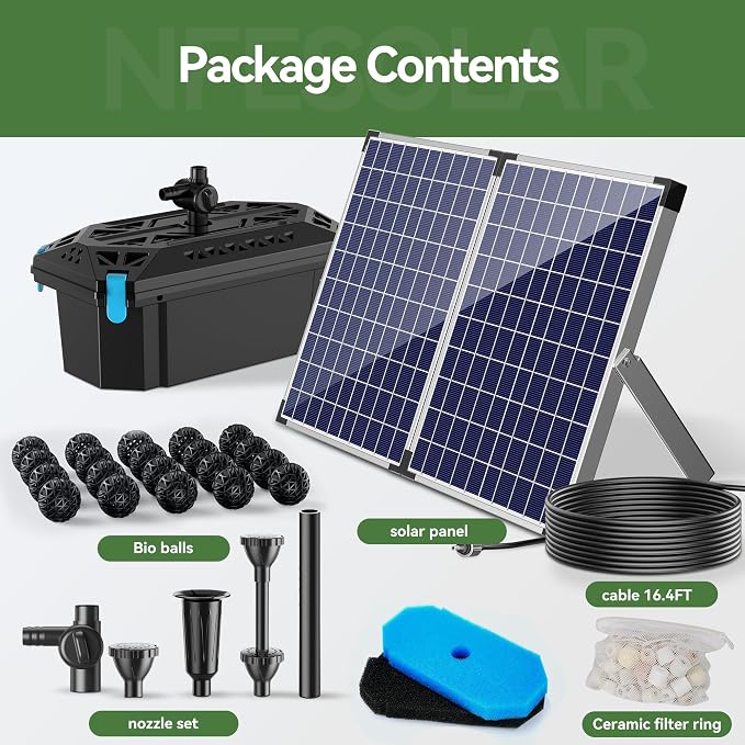 NFESOLAR 50W Solar Pond Filter Fountain, 580 GPH Water Pump, 10 FT Extension Cord, Solar Fountain Pump with Pond Filter Box Outdoor for Koi Ponds Water Feature
