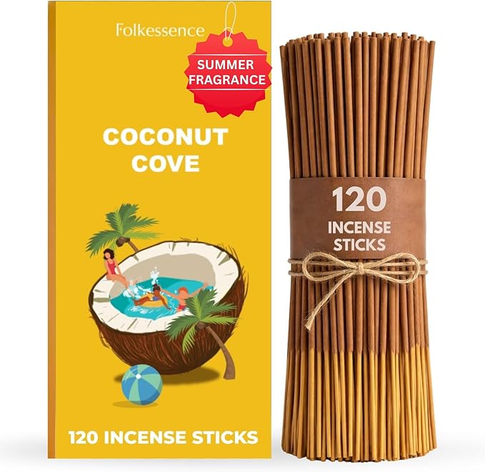 Folkulture Incense Sticks (120 Sticks) | Coconut Summer Vibes Incense for Meditation, Aromatherapy & Stress Relief| Long Burning, Charcoal-Free, Non-Toxic Incense for Summer Teacher Gifts