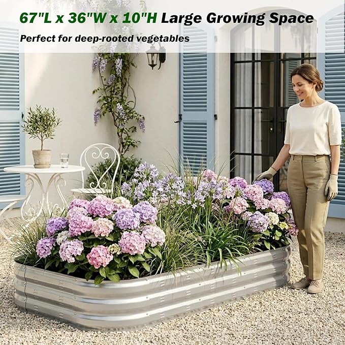 Galvanized Raised Garden Bed Kit with 4 Internal Braces, 67x36x10in Large Metal Planter Raised Beds Outdoor, 0.8mm Thick Steel Outdoor Galvanized Planter with Vents, Silver (2PCS)