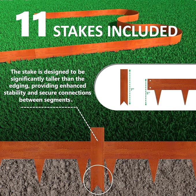33ft. Cor-Ten Steel Landscape Edging (10-Pack) – 40" Metal Edging for Landscaping with 11 Stakes, Hammer-in Metal Landscaping Edging for Yard Pathway & Flower Beds – Lawn Edge for Garden Design