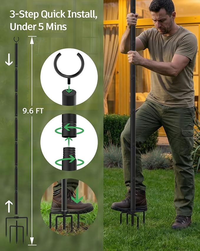 LAND·VOI Outdoor String Light Poles 4 Pack, Heavy Duty String Light Poles for Outside with 5-Prong Base & Adjustable Height, Perfect for Backyard, Patio, Garden, Fence and Party Decor