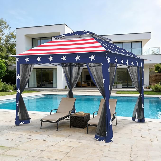 COOS BAY Pop up Gazebo 11x11, Instant Canopy Tent with Mesh Netting, Patio Gazebo with 121 Square Feet of Shade, 4 Weight Bags Included, American Flag