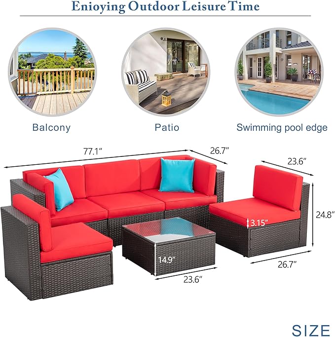 Vongrasig 6 Pieces Patio Furniture Set, Outdoor Sectional Sofa Couch, All Weather PE Rattan Patio Conversation Sets with Coffee Table for Garden, Backyard, Poolside (Red)