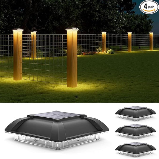 Solar Post Cap Lights Outdoor 4pack - Downward Lighting Waterproof Deck Fence Post Solar Lights for 4x4 Wooden/Vinyl Posts, Warm White Glow, Ideal for Deck Edges/Stair Railings/Porch/Backyard Fence