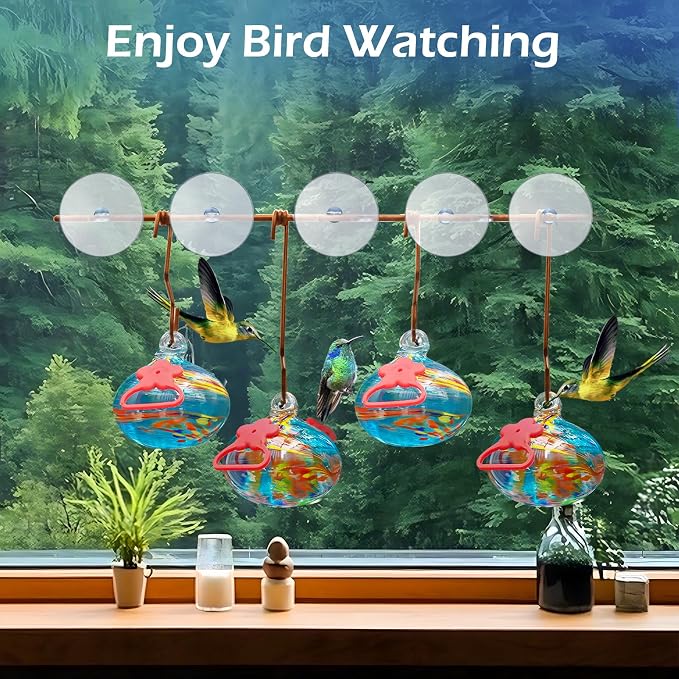 Pozfun Set of 3 Hummingbird Feeders for Outdoors Hanging,Hand-Blown Glass Hummingbird Feeder with Silicone Feeding Perch,Never Leak,Gardening Gifts for Woman Man