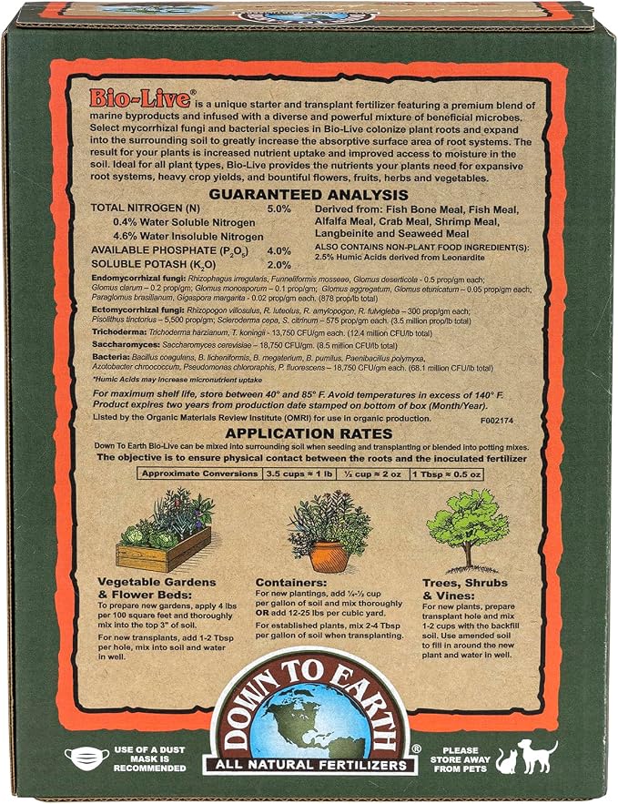 Down To Earth All Natural Fertilizers Organic Bio-Live Starter & Transplant Mix with Mycorrhizal Fungi and Benefical Microbes for Plant Food 5-4-2, 4 lb