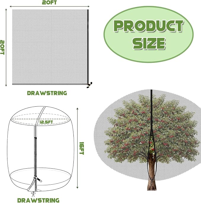 20ft x 20ft Extra Large Fruit Tree Netting Cover with Zipper and Drawstring Garden Plant Protector Bird Barrier for Blueberry Bushes Ultra Fine Mesh Garden Netting for Birds Squirrels Cicadas (Black)