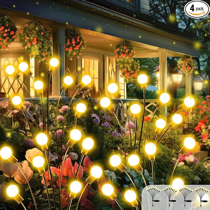 2026 Upgraded Solar Lights Outdoor, 4 Pack Solar Garden Lights with 2 Modes, Firefly Lights Outdoor Waterproof, Sway by Wind, Twinkle Firefly Light for Yard Patio Path Garden Decoration (Warm White)