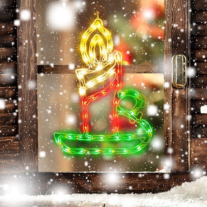 Christmas Window Silhouette Lights, Lighted Candle Double Sided Decorations with 50 Count Incandescent Mini Light, for Holiday Indoor Wall Door Glass Decor