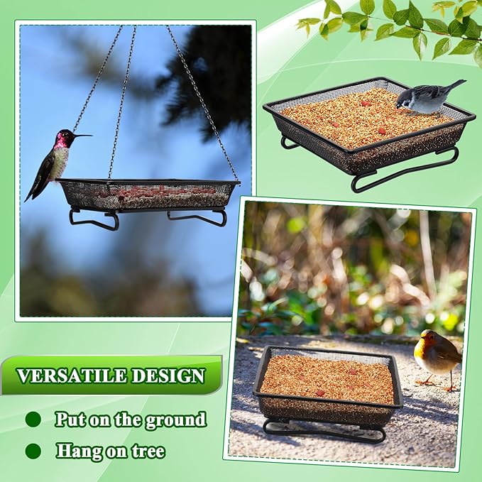 Nuogo 4 Pcs Ground Bird Feeder Tray 7 Inches Platform Bird Feeder for Outside Metal Squirrel Feeders Rust Resistant Mesh Seed Tray Garden Yard Decoration for Outdoor Wild Dove(Square)