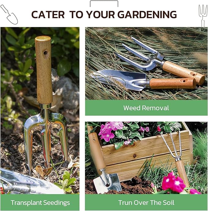 Grenebo Gardening Tools 9-Piece Heavy Duty Garden Hand Tools with Fashion and Durable Garden Tools Organizer Handbag, Rust-Proof Garden Tool Set, Ideal Gardening Gifts for Women