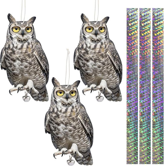 3PCS Reflective Plastic Owl Hanging Decoration Dual-Side Printed Raster Fake Eagle Garden Owl with Scare Tape for Garden Patio Windows