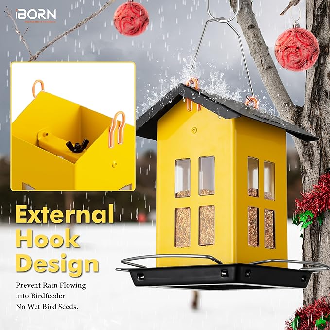 iBorn Bird Feeder House, Metal Bird Feeders for Outdoors Hanging,Double-Sided Metal Hanger & Weatherproof, Easy to Clean & Refill, 1.5 Lbs Capacity, Yellow