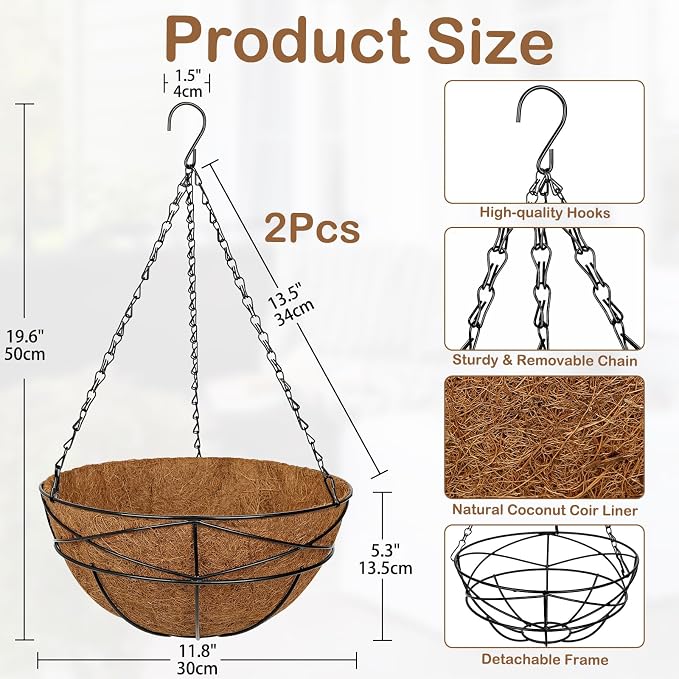 2 Pack 12 inch Metal Hanging Baskets for Plants Outdoor Metal Wire Hanging Basket Planter with Coco Fiber Liners Flower Pots for Home Porch Garden Patio, Diamond-Shaped