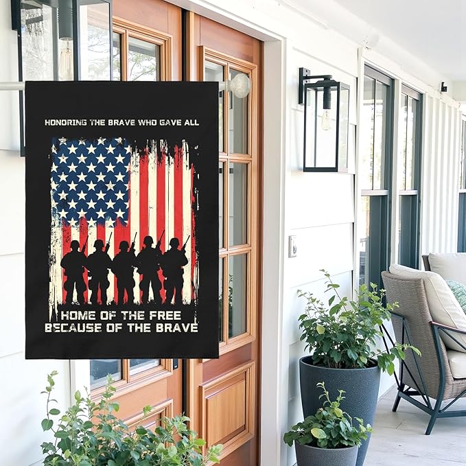 Memorial Day Patriotic House Flag Honoring Fallen Soldiers Home Of The Free Because Of The Brave Outdoor Yard USA Flags Honor And Brave Garden Banner Lawn Porch Patriotic Decor 28 x 40 Inch