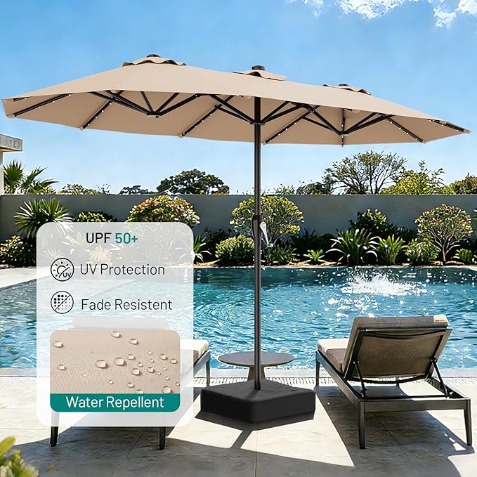 AreShark 15FT Patio Umbrella with Solar Lights, Double Sided Outdoor Table Umbrellas with Crank, Large Rectangular Market Umbrella for Porch, Lawn, Pool, Backyard, Beige