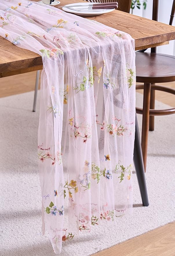 vctops 2 Packs Embroidery Lace Spring Table Runner 10ft Floral Garden Seasonal Tulle Table Runner Holiday Kitchen Dining Table Decoration for Wedding Party Baby Shower Birthday (Pink,30"x120")