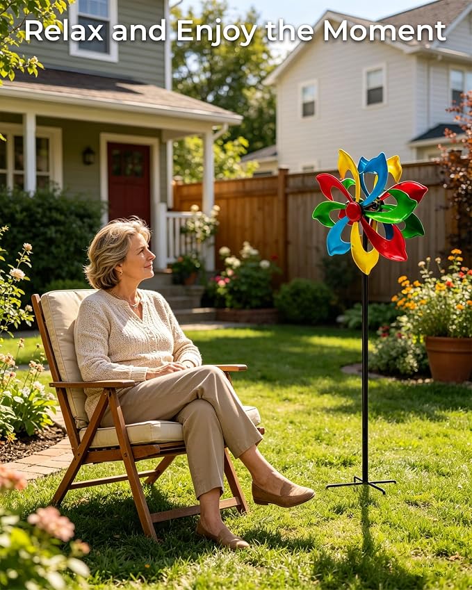 Rainbow Wind Spinner for Outdoor, 13" D Colorful Kinetic Garden Spinner with Smooth Silent Motion, Adjustable Height & Stable Ground Stake for Yard Patio Flower Bed Decor