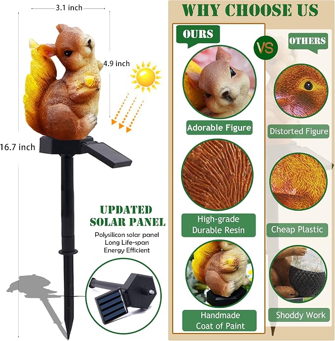 SmilingTown Solar Squirrel Garden Lights - Outdoor Decorative Stake Light Waterproof for Yard Patio Pathway Lawn Ornaments Garden Decorations Gifts (2 Packs)