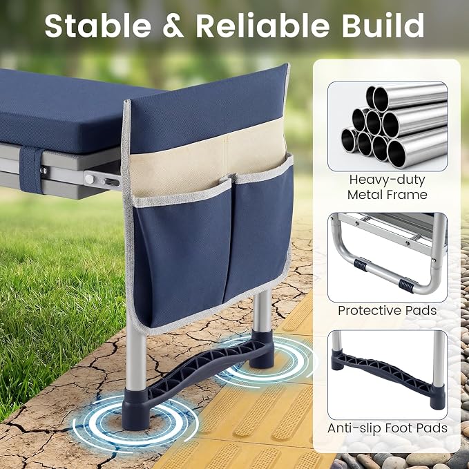 2-in-1 Garden Kneeler and Seat, Folding Garden Seat w/EVA Foam Kneeling Pad & Removable Tools Pouch, Sturdy Steel Frame, No Assembly, Portable Heavy Duty Garden Stool w/Detachable Armrests