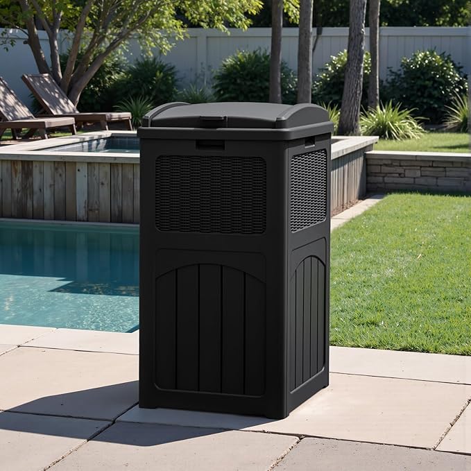 Greesum 33 Package Delivery Box for Outside, Waterproof Resin Garbage Bin with Lid for Hideaway, Deck, Patio, Black