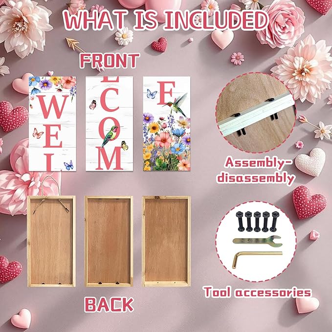 Hummingbird Welcome Sign for Front Door, Summer Porch Sign Tulip Flowers Outdoor Yard Sign Seasonal Tall Floral Welcome Porch Sign Wildflowers Wood Door Sign for Garden Patio Wall Home Decor