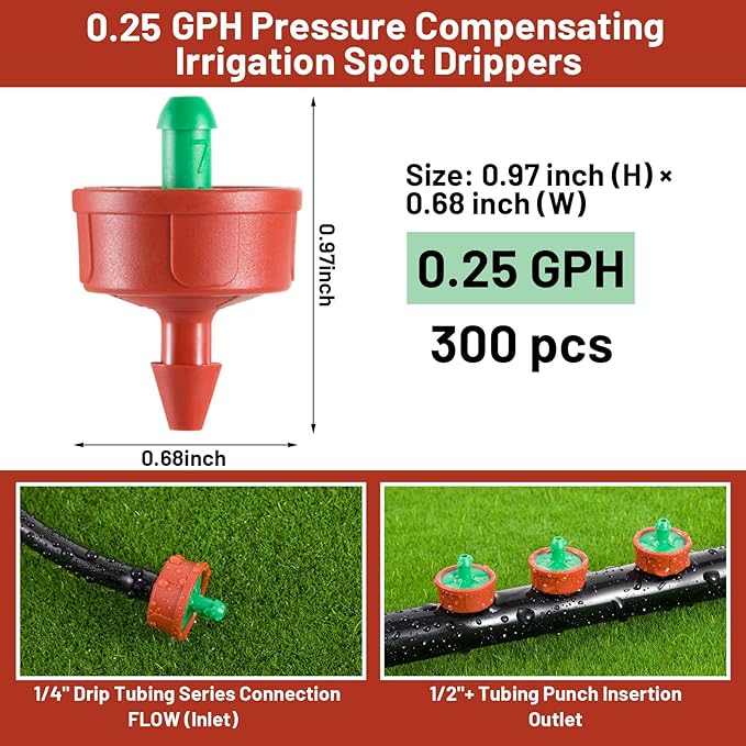 300 PCS 0.25 GPH Pressure Compensating Drip Irrigation Spot Watering Drippers/Emitters, Anti-Clog Self-Cleaning Drip Irrigation Emitters Heads Irrigation Drippers Parts for Seedlings, Mini Gardens
