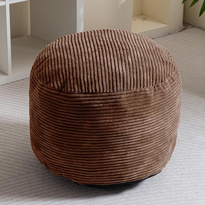 HIGOGOGO Round Stuffed Pouf Ottoman, Corduroy Poufs with Foam Chunk Filling, Furry and Fluffy Pouf Foot Stool Storage Ottoman, 20 X 15 Floor Poufs Foot Rest for Living Room, Brown