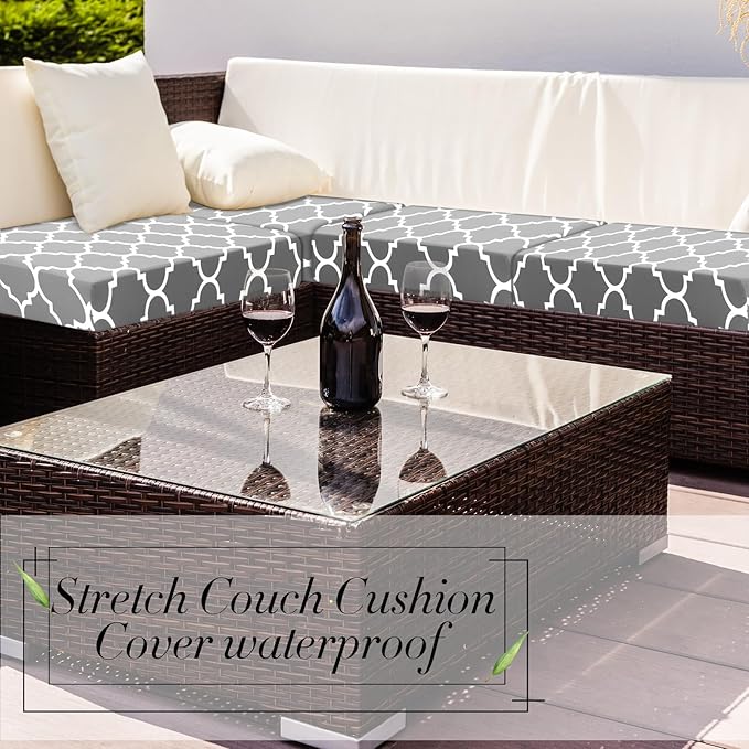 Newwiee 4 Pcs Waterproof Outdoor Cushion Covers for Patio Furniture Stretch Outdoor Couch Cushion Covers Replacement Moroccan Pattern Chair Seat Sofa Slipcovers Soft Flexibility Protector(Gray)
