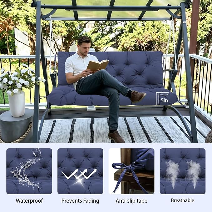 Porch Swing Cushions 60x40 Inch, 5" Extra Thick Waterproof Outdoor Swing Seat Cushion with Backrest & 8 Non-Slip Ties PP Cotton + Memory Foam Fill, Fade-Resistant 3-Seater Replacement for Patio Bench
