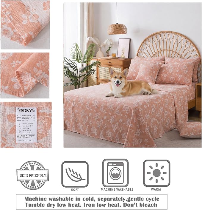FADFAY Queen Sheets Set 100% Cotton Washed Double Gauze Muslin Bedding 4Pcs Vintage Coral Rose Floral Sheets Shabby Farmhouse Bedding Luxury Super Soft Breathable Deep Pocket Fitted Sheet, Queen Size
