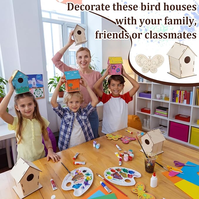 DoubleFill 48 Pack Wooden Bird Houses Bulk Butterfly Wood Chips for DIY Unfinished Hanging Birdhouse Kits Wooden Craft Houses to Paint Summer Bulk Craft Family Crafts Party Favor