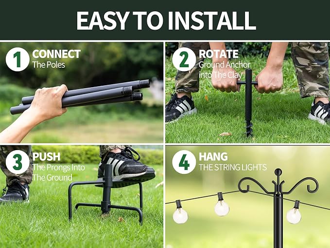 Flanagan String Light Poles 2-Pack,9FT Poles for Outdoor String Lights,Adjustable Metal Light Pole Stand, Light Poles with Hooks & 5-Prong Spiral Sturdy Anchor for Garden, Weddings and Parties