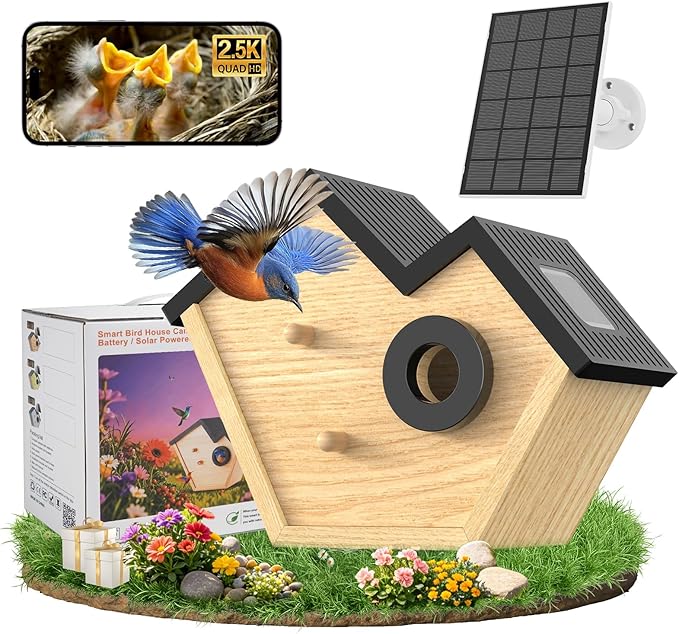 Wooden Bird House with Camera, 2K HD WiFi Smart Bird Feeder with AI Identify Birds Species & LED Light, Instant Alerts with Solar Powered Wireless Outdoor Birdhouse, Gifts for Bird Lovers