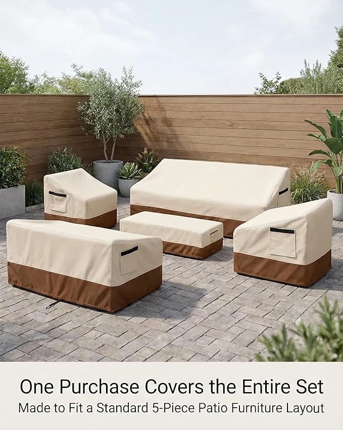 5 Piece Patio Furniture Cover Set, Waterproof Outdoor Furniture Covers for 3-Seater Sofa, Loveseat, Chairs & Coffee Table, Heavy Duty 600D Lawn Patio Set Covers, UV-Resistant All-Season, Beige&Brown