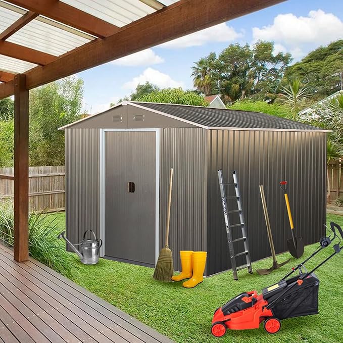 KEIKI 8x10 FT Outdoor Metal Storage Shed with Peaked Roof,Vents and Lockable Door for Garden Yard Lawn