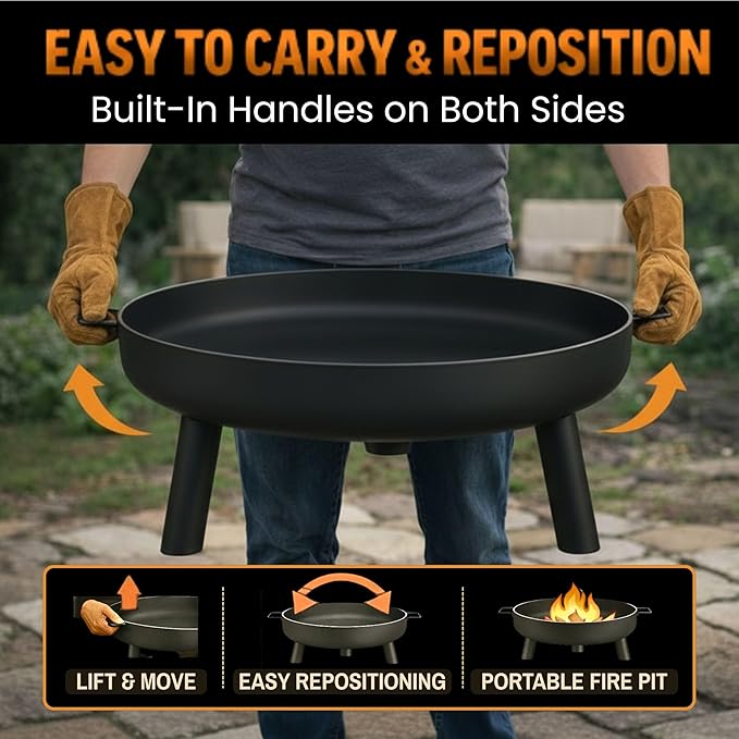 Fire Pit - 27.5-Inch Outdoor Wood Burning Firepit with Handles and Cover - Outdoor Fire Pits for Backyard, Deck, or Patio by Pure Garden (Black)