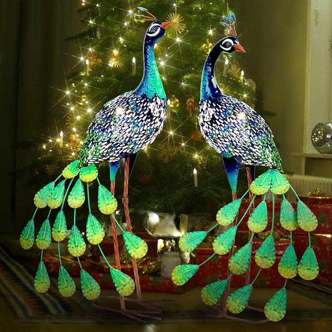 Kircust Metal Outdoor Solar Peacock Statues for Garden & Yard | Weatherproof Decor with Lights, Elegant Gift for Patio
